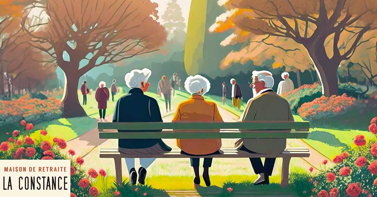 11Résidence seniors La Constance. Illustration pour l'article sur l'amélioration continue en maison de retraite. Illustration style peinture de personnages âgées dans un jardin. Certains discutent sur un banc, d'autres marchent.