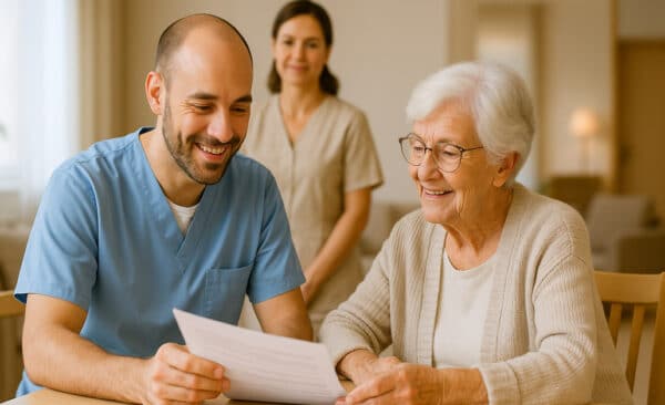 11Projet d'accompagnement personnalisé en maison de retraite. La Constance Marseille. Une scène dans une maison de retraite lumineuse et chaleureuse. Un aide-soignant souriant est assis à une table avec une résidente âgée, en train de discuter d’un document. L’ASH est en arrière-plan, attentive, dans un environnement calme. L’ambiance est bienveillante, les expressions sont détendues et positives.