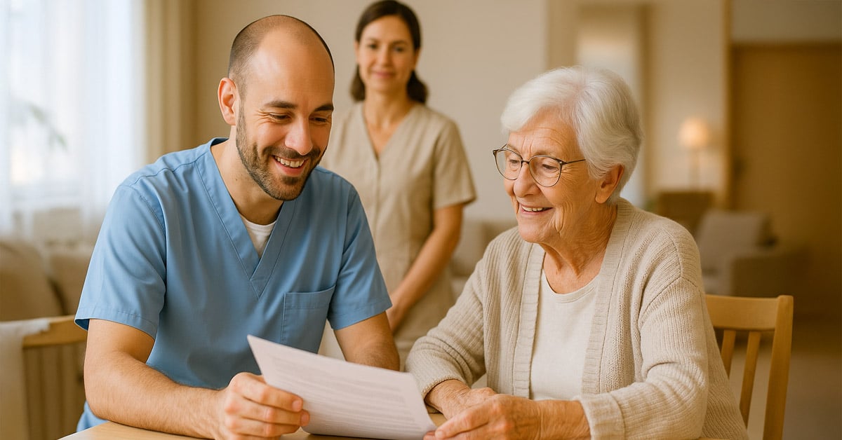 11Projet d'accompagnement personnalisé en maison de retraite. La Constance Marseille. Une scène dans une maison de retraite lumineuse et chaleureuse. Un aide-soignant souriant est assis à une table avec une résidente âgée, en train de discuter d’un document. L’ASH est en arrière-plan, attentive, dans un environnement calme. L’ambiance est bienveillante, les expressions sont détendues et positives.