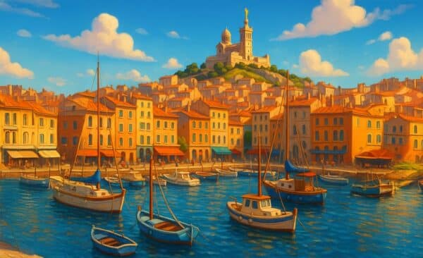 11image de Marseille, rendue dans un style d’animation Pixar pour illustrer l'article sur la retraite à Marseille