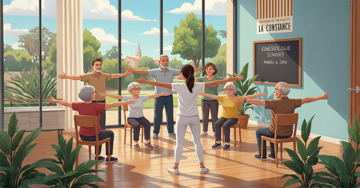 la-constance-kinesiologie-residence-seniors-marseille 11Illustration d'un atelier de kinésiologie en résidence seniors La Constance à Marseille. Un groupe de résidents, assis ou debout, réalise des exercices de coordination bras tendus dans une salle lumineuse offrant une vue sur le jardin méditerranéen et son clocher.