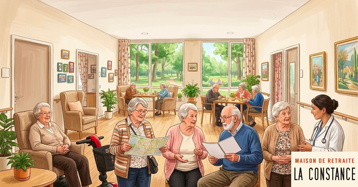 11Une illustration de style dessin coloré montrant un groupe de résidents âgés souriants et actifs dans la salle commune lumineuse d'une maison de retraite. Au premier plan, des résidents discutent, l'un tient une carte, un autre lit un cahier, une dame utilise un scooter électrique, et une médecin échange avec une résidente. À l'arrière-plan, d'autres personnes partagent un repas près de grandes fenêtres donnant sur un parc verdoyant. L'ambiance est chaleureuse et sereine. Illustration pour l'article sur l'arrivée en maison de retraite pour La Constance à Marseille