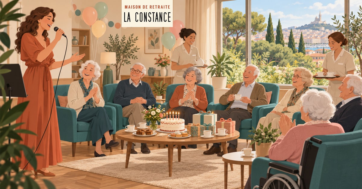 Illustration de Résidents et professionnels réunis autour d'un gâteau d'anniversaire dans le salon de la résidence La Constance à Marseille. Anniversaires en résidence seniors